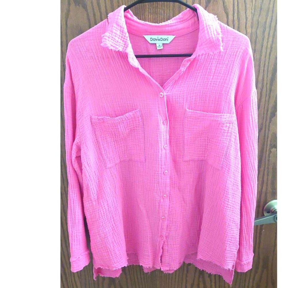 Davi & Dani Pink Gauze Button Front Shirt Small Raw Hem Oversized Boho Top